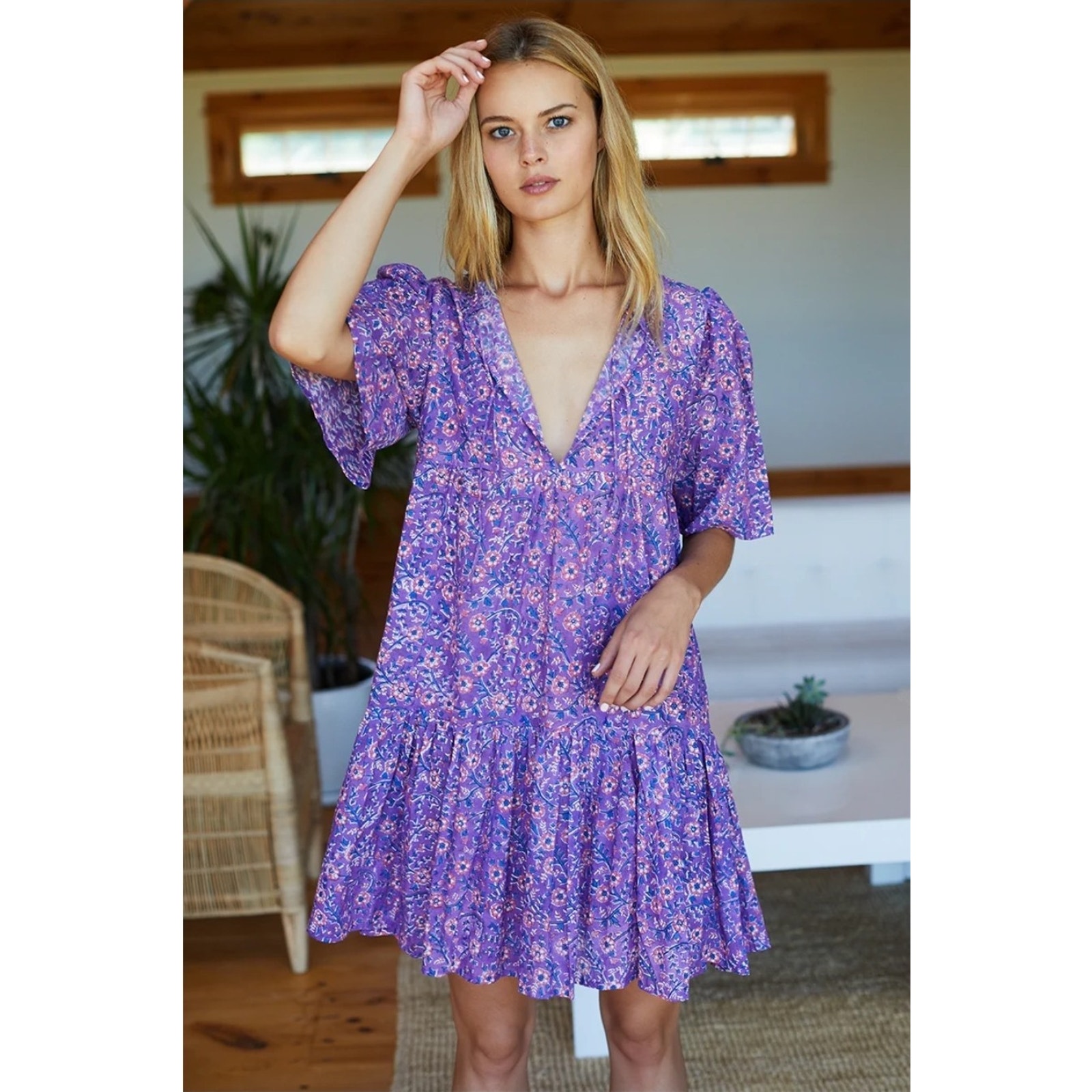 India Collection Isla Violet Wildflower Organic Cotton Mini Dress Xs S